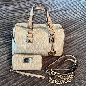 Michael Kors Monogrammed  Satchel (w/ Shoulder Strap) w/ Matching Wristlet Walle